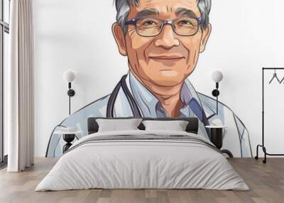 Compassionate Senior Doctor: A warm portrait of a seasoned medical professional, radiating kindness and expertise with his gentle smile and reassuring presence. His white coat and stethoscope Wall mural