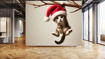 Hanging On for Holiday Cheer: An adorable tabby kitten, sporting a festive Santa hat, dangles playfully from a bare branch, capturing the whimsical spirit of Christmas.   Wall mural