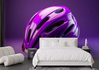 Purple bicycle helmet, head safety, on purple background Wall mural