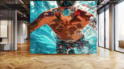 Underwater Adventure: A vibrant digital art piece depicting a man diving in crystal-clear blue water, capturing the thrill and beauty of underwater exploration.  Wall mural