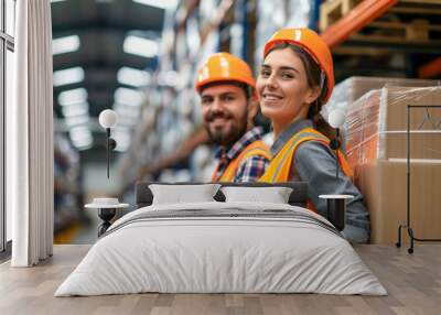 warehouse confidence: a portrait of two smiling warehouse workers in high-visibility vests and hard  Wall mural