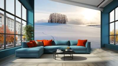 A small pine forest under the sunset and foot steps on the white shinny snow. A bush of trees cast big shadow on the snowy ground with light from the sun shining onto the earth. Beautiful nature Wall mural