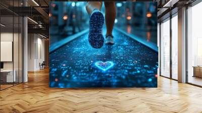 Cardiovascular health depicted by a doctor monitoring a patient running on a treadmill with holographic heart data surrounding them Wall mural