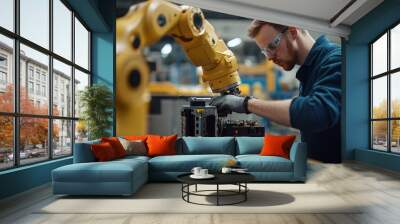 An Engineer Repairing a Robotic Arm in a Factory Environment Engineering in factory Wall mural