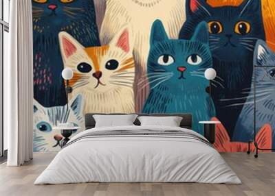 A Crowd of Cats: A Whimsical Illustration of Feline Friends Wall mural