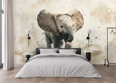 Baby Elephant Running Through Water Wall mural