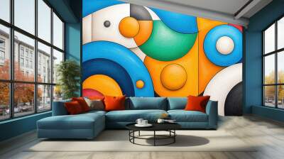 Vibrant abstract composition featuring colorful shapes and circles, creating dynamic visual experience. interplay of colors evokes sense of energy and creativity Wall mural