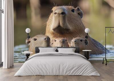 Capybara family happily playing in the water Wall mural