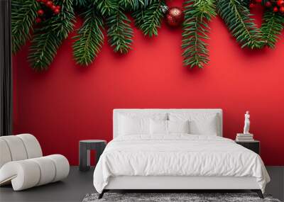 Christmas decoration border with fir branches on red background. Wall mural