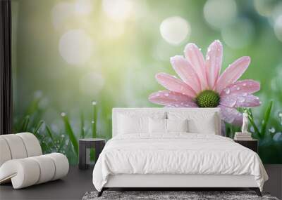 flower pink daisy in a summer morning with dew on the grass. Wall mural