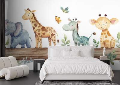 Paint watercolors and safari animals. Wall mural