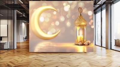 Ramadan lantern with candle and gold crescent moon. Wall mural