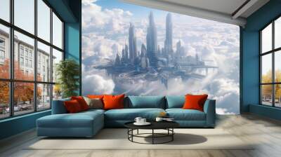 A city in the sky with two buildings and a car Wall mural