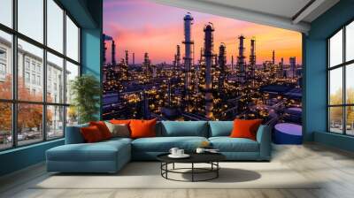 A city skyline with a large industrial area with many tall buildings. The sky is orange and the sun is setting Wall mural