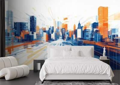 A cityscape with a highway in the middle. The city is orange and blue. The highway is white Wall mural