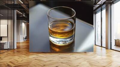 A close-up view of a glass of whiskey on a reflective surface, showcasing its rich amber color and smooth appearance. Wall mural