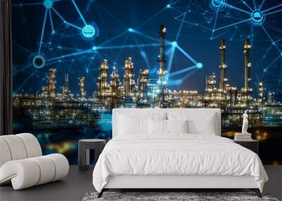 A computer screen shows a cityscape with many icons, including a computer, a cell phone, and a keyboard. Concept of technology and urban life, with the various icons representing the many devices Wall mural