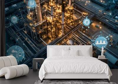 A computer screen shows a cityscape with many icons, including a computer, a cell phone, and a keyboard. Concept of technology and urban life, with the various icons representing the many devices Wall mural