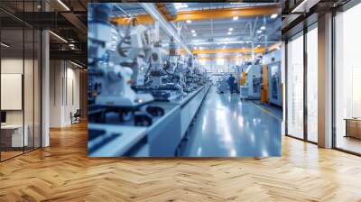 A group of people in white lab coats are working in a lab. The lab is filled with various equipment and tools, including a large oven and a refrigerator. The atmosphere is serious and focused Wall mural