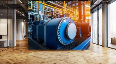 A large industrial building with a large blue tank in the middle. The tank is surrounded by pipes and valves Wall mural