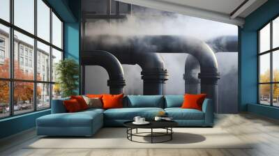 A large industrial plant with a lot of pipes and smoke coming out of them. The smoke is thick and dark, giving the image a sense of danger and pollution Wall mural