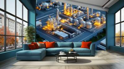 A large industrial plant with many tanks and pipes. The image is in a 3D format and has a very industrial and mechanical feel to it Wall mural