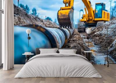 A large piece of machinery is digging into the ground next to a long pipe. Concept of hard work and progress, as the construction workers are using the excavator to dig a trench for the pipe Wall mural