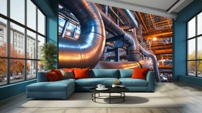 A large pipe is shown in a factory setting. The pipe is silver and is bent in a way that it looks like it is being used to transport something. Concept of industrial activity Wall mural