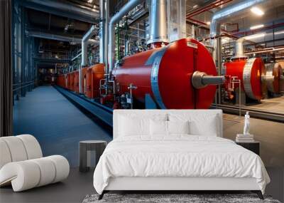 A large red tank is surrounded by other tanks and pipes. Concept of industrial activity and machinery Wall mural