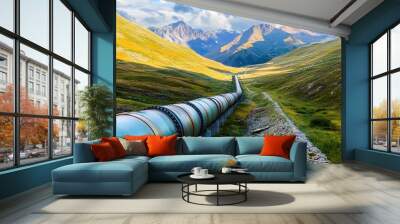 A long blue pipeline runs through a mountain valley. The pipeline is surrounded by mountains and a large field of yellow grass. Concept of industrial activity Wall mural