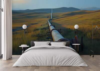 A long pipe is shown in the middle of a field. The sky is orange and the sun is setting Wall mural