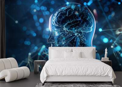 A man's brain is shown in a blue and white color scheme. The image is abstract and futuristic, with a sense of technology and innovation. The man's face is the main focus of the image Wall mural