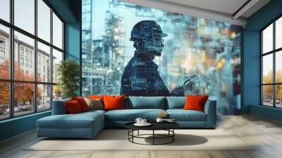 A man in a hard hat is looking at a computer screen in a futuristic city. Concept of technological advancement and progress, as well as the importance of safety in industrial settings Wall mural