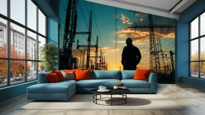 A man in a hard hat stands on a power line pole in front of a city skyline. The sky is a beautiful orange color, and the man is looking out over the city Wall mural