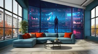 A man stands in front of a computer monitor that displays a cityscape. Concept of isolation and detachment from the outside world, as the man is surrounded by technology and the city lights Wall mural