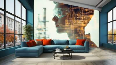 A man wearing a hard hat and safety glasses is looking at a computer screen. The image is a representation of a man's face and the surrounding area, with the man's face appearing as a silhouette Wall mural