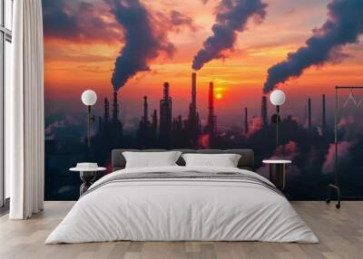 A road with a sunset in the background and a large industrial area with many oil refineries. The sky is orange and the sun is setting Wall mural