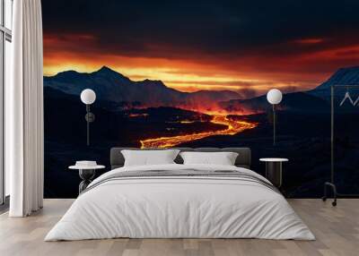 A stunning view of flowing lava under a dramatic sunset, surrounded by majestic mountains and dark clouds, embodying nature's power. Wall mural