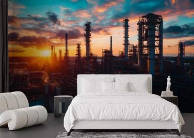 A sunset over a city skyline with many tall buildings and a large industrial area. The sky is filled with clouds and the sun is setting, casting a warm glow over the city Wall mural