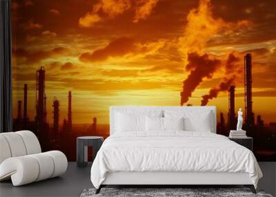 A sunset over a large industrial complex with many tall buildings. The sky is orange and the sun is shining brightly Wall mural