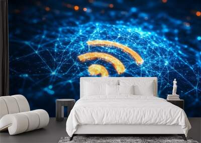 A Wi-Fi symbol is displayed on a blue background. The Wi-Fi symbol is orange and he is glowing. The blue background and orange Wi-Fi symbol create a sense of technology and connectivity Wall mural