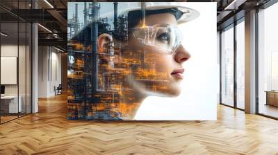 A woman wearing a hard hat and safety glasses looks at a computer screen. The image is a collage of a woman's face and a city skyline. The woman's face is surrounded by the cityscape Wall mural