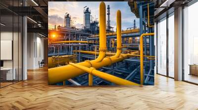 A yellow and white industrial plant with a yellow pipe. The sky is orange and the sun is setting Wall mural