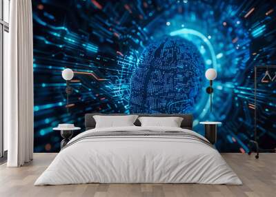 cyber future technology concept .Blue Intelligent Artificial brain mother computer., illustration, circuit, binary code. moving speed. science fiction,blue abstract background Wall mural