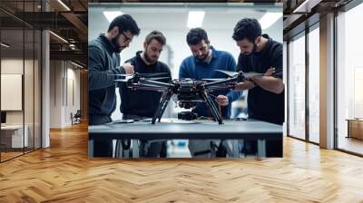 Team of professionals collaborating on a drone assembly in a modern workshop, showcasing teamwork and technology. Wall mural