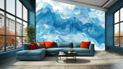 The water is blue and has a wavy texture. The waves are crashing against the shore. The sky is clear and the sun is shining. The water is calm and peaceful Wall mural