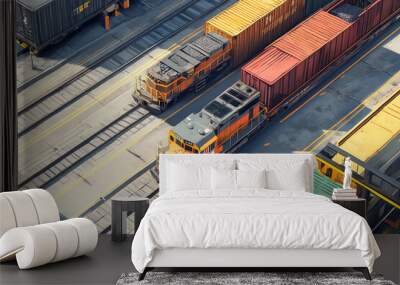 A highangle view of a freight train in a loading bay, with trucks delivering cargo to be loaded onto the train Wall mural