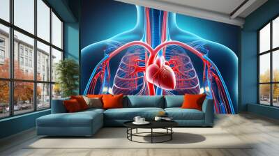 Anatomical illustration showcasing the human heart within the thoracic cavity highlighting blood vessels and respiratory structures. Wall mural