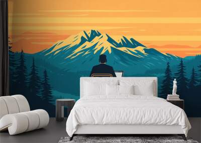 Person working outdoors, mountain backdrop Wall mural