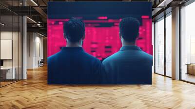 Two men observing data on screen. Wall mural